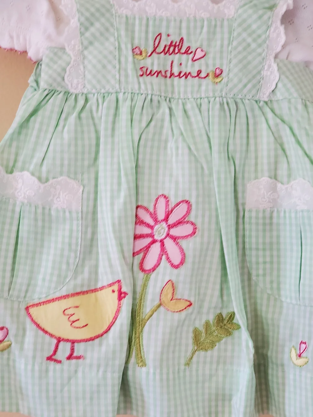 Little Sunshine 4-pc Mint Green Gingham Baby Dress with Embroidered Chick